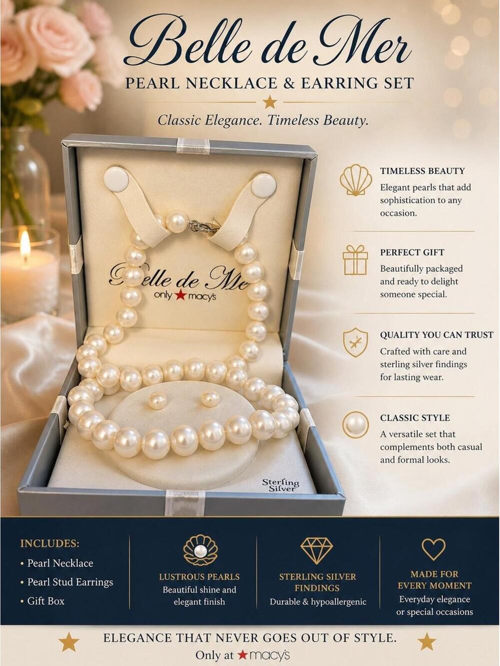 Belle de Mer Pearl Necklace, Bracelet & Earrings Set – Sterling Silver